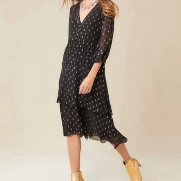 Johnny Was | Dresses | Johnny Was Raja Black Silk Gold Metallic Tiered  Ruffle Puff Sleeve Midi Dress Xs | Poshmark